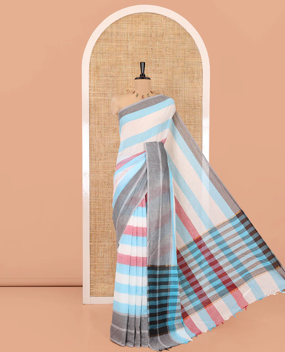 Off-White and Blue Chettinad Cotton Saree, Steeped with Stripes All Over Its Body, Complemented by a Contrast Plain Border, Pallu of Stripes, and Has No Blouse