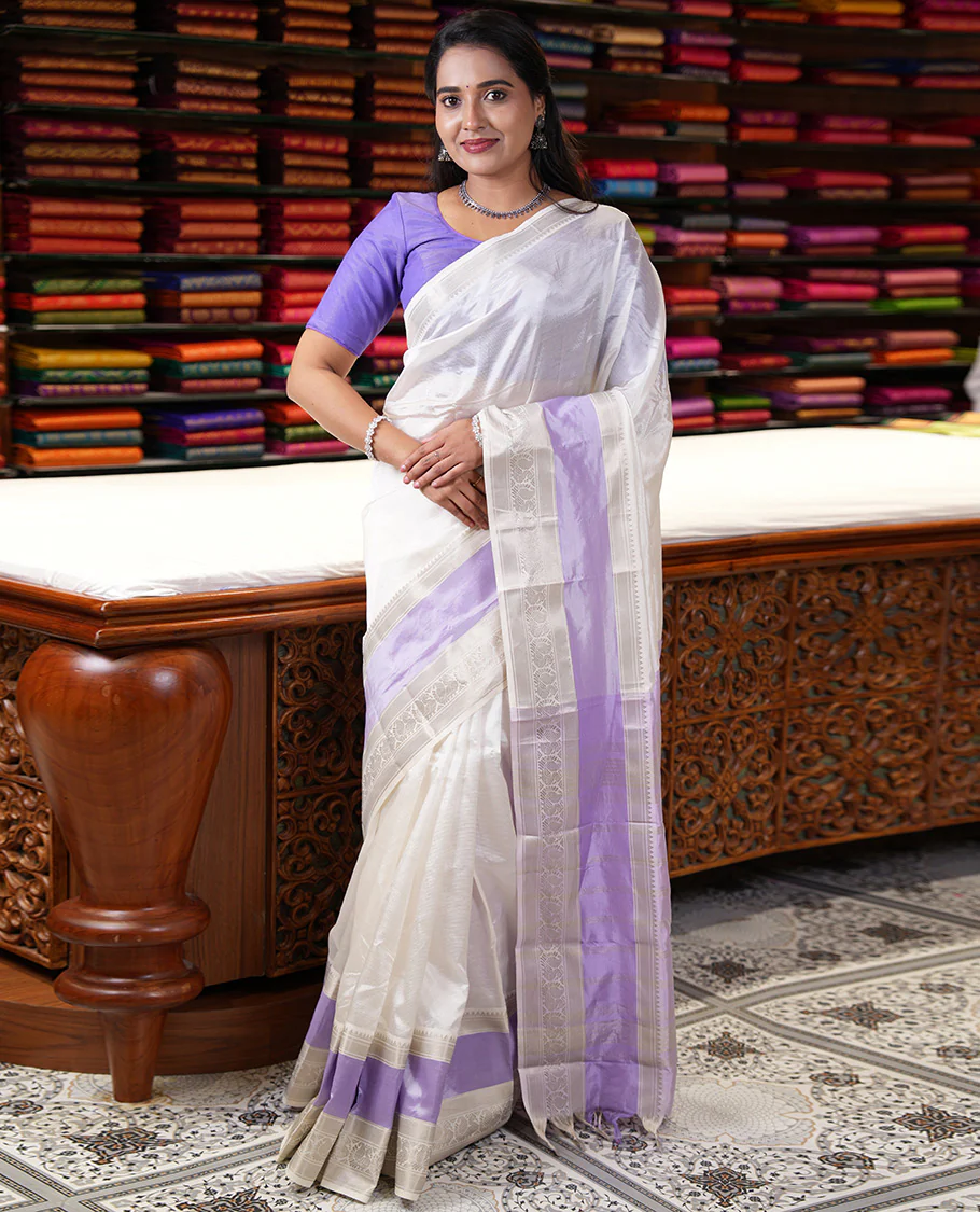 Off-White and Lavender Mangalagiri Silk Saree, Sparsely Woven Stripes on Its Body, Complemented by Contrast Border of Temple and Peacock Designs, Striped Pallu, and Paired with a Contrast Blouse - Image 3