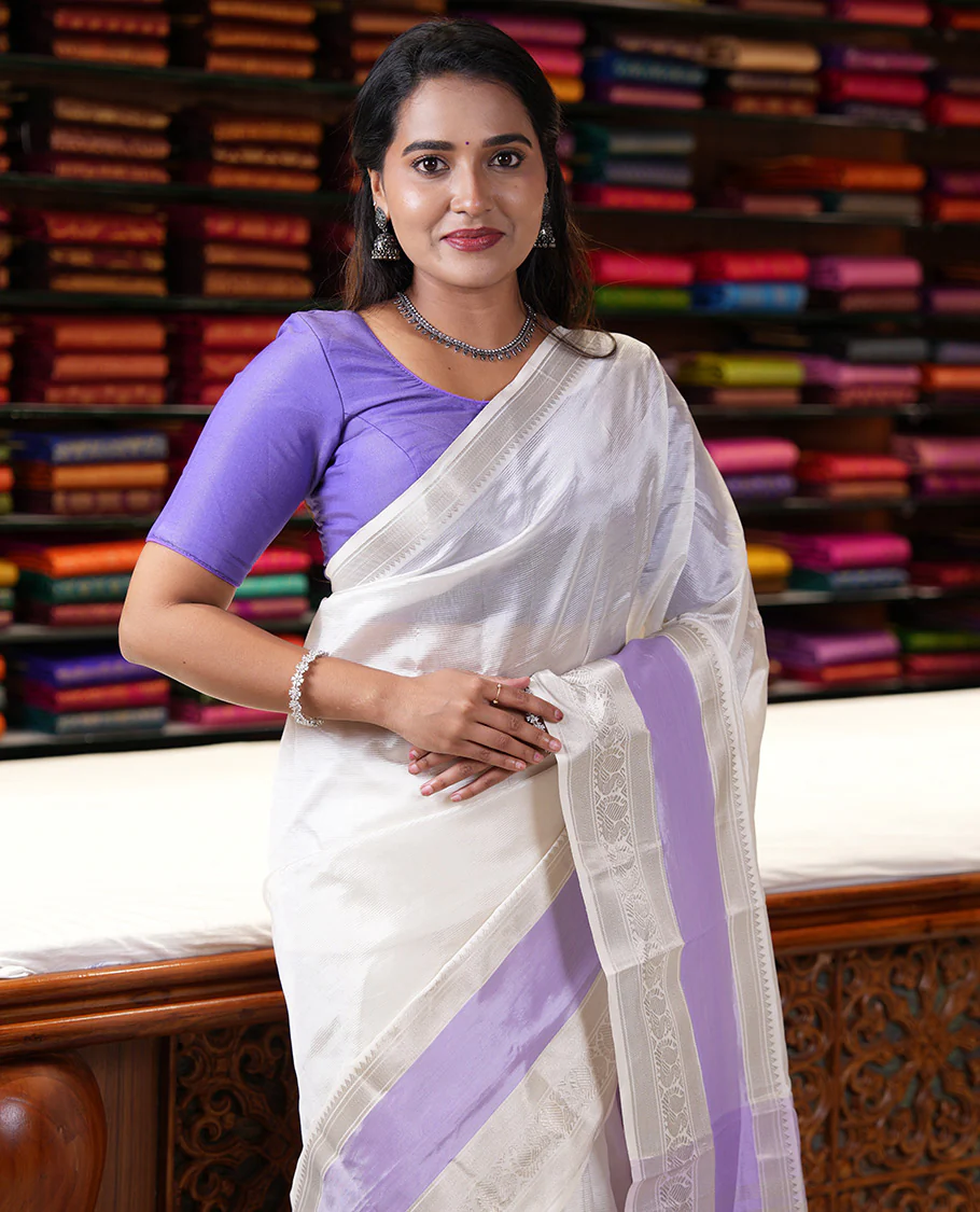 Off-White and Lavender Mangalagiri Silk Saree, Sparsely Woven Stripes on Its Body, Complemented by Contrast Border of Temple and Peacock Designs, Striped Pallu, and Paired with a Contrast Blouse - Image 4