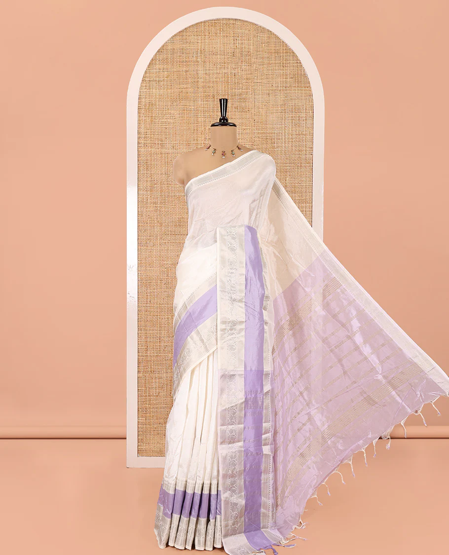 Off-White and Lavender Mangalagiri Silk Saree, Sparsely Woven Stripes on Its Body, Complemented by Contrast Border of Temple and Peacock Designs, Striped Pallu, and Paired with a Contrast Blouse - Image 5