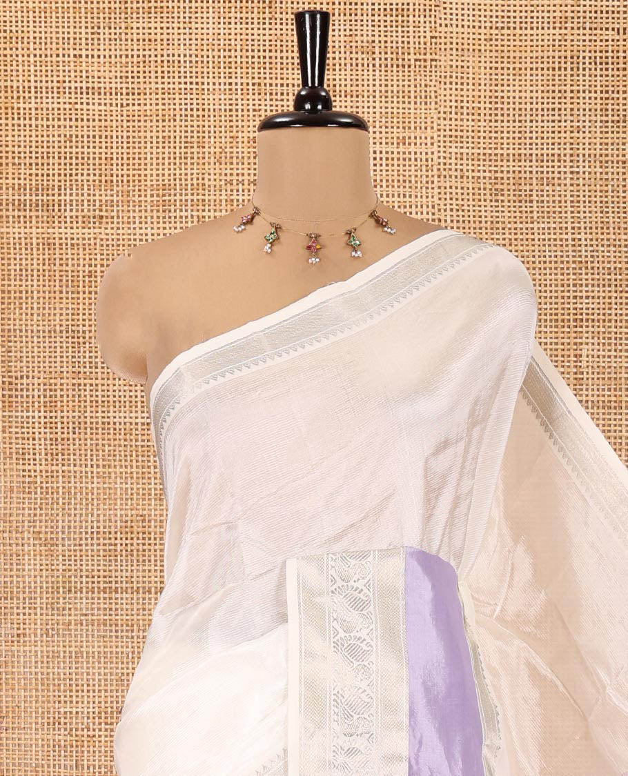 Off-White and Lavender Mangalagiri Silk Saree, Sparsely Woven Stripes on Its Body, Complemented by Contrast Border of Temple and Peacock Designs, Striped Pallu, and Paired with a Contrast Blouse - Image 6