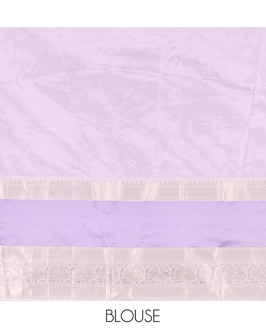 Off-White and Lavender Mangalagiri Silk Saree, Sparsely Woven Stripes on Its Body, Complemented by Contrast Border of Temple and Peacock Designs, Striped Pallu, and Paired with a Contrast Blouse - Image 7