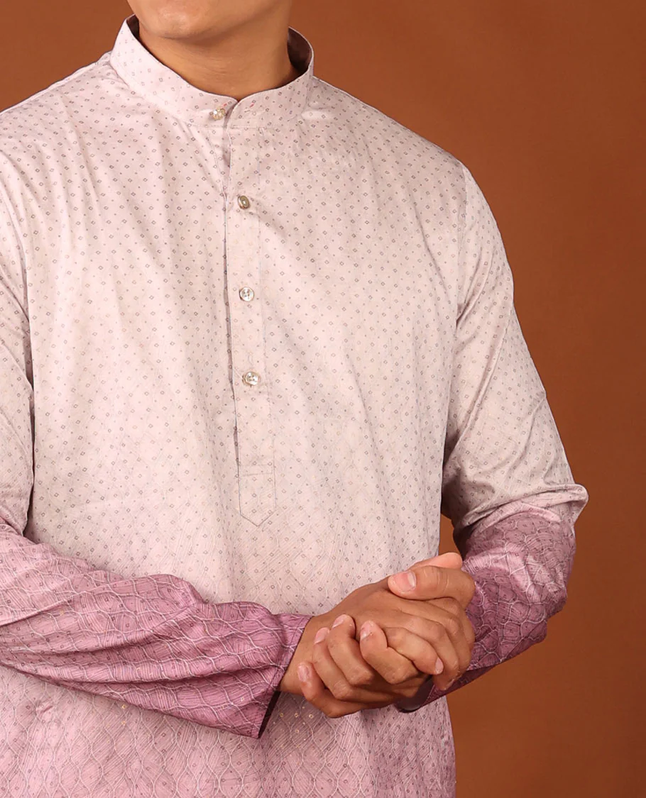 Off-White and Pink Ogee Patterned Ombre-Style Full-Sleeved Men's Kurta - Image 3