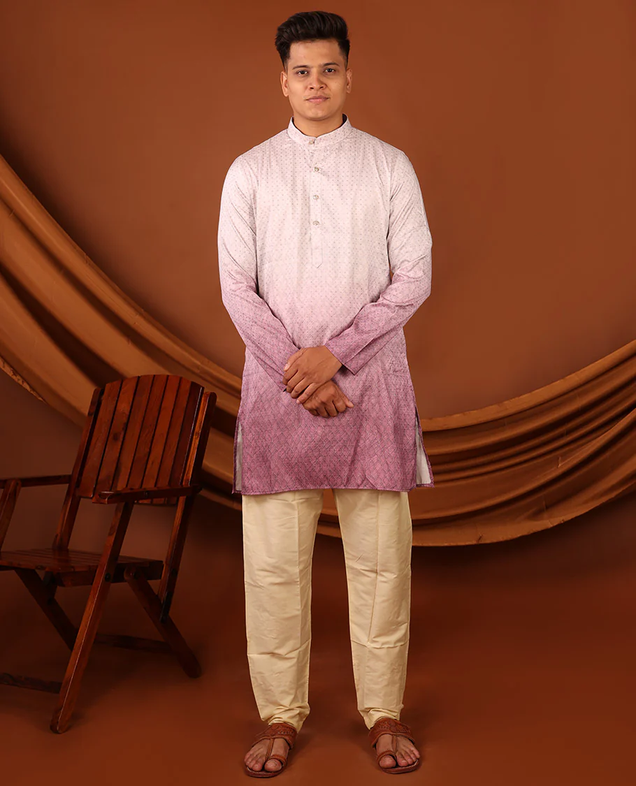 Off-White and Pink Ogee Patterned Ombre-Style Full-Sleeved Men's Kurta - Image 4