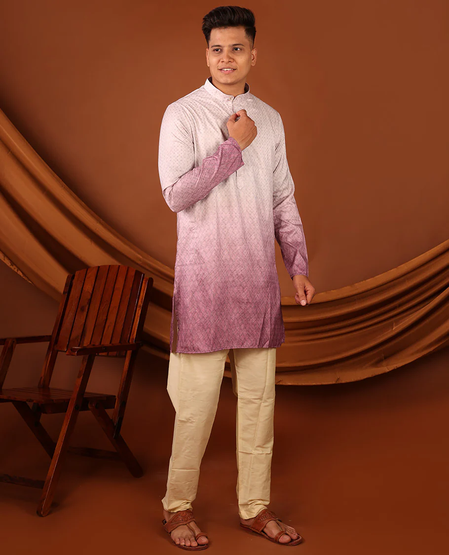 Off-White and Pink Ogee Patterned Ombre-Style Full-Sleeved Men's Kurta - Image 5
