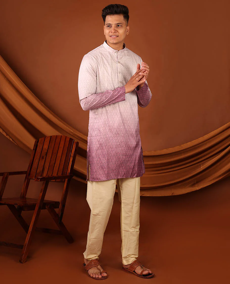Off-White and Pink Ogee Patterned Ombre-Style Full-Sleeved Men's Kurta - Image 6