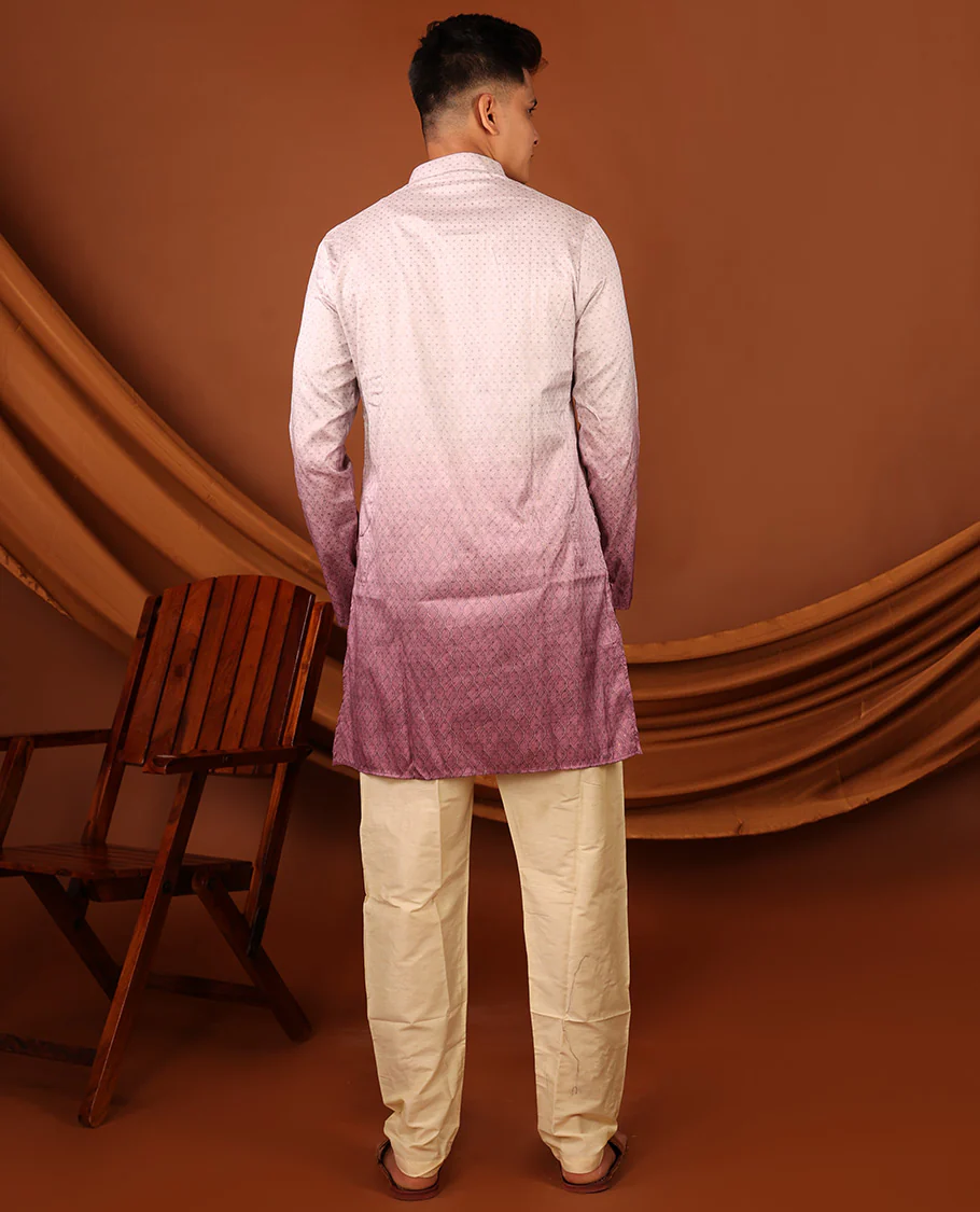 Off-White and Pink Ogee Patterned Ombre-Style Full-Sleeved Men's Kurta - Image 7