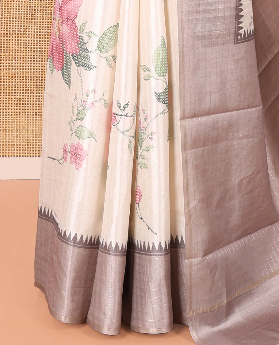 Off-White Fancy Tussar Silk Saree, Enthralled with Floral Cross Stitch Embroidery All Over Its Body, Complemented by a Contrast Temple Zari Checked Border, Pallu of Checked Designs, and Paired with a Contrast Blouse - Image 3