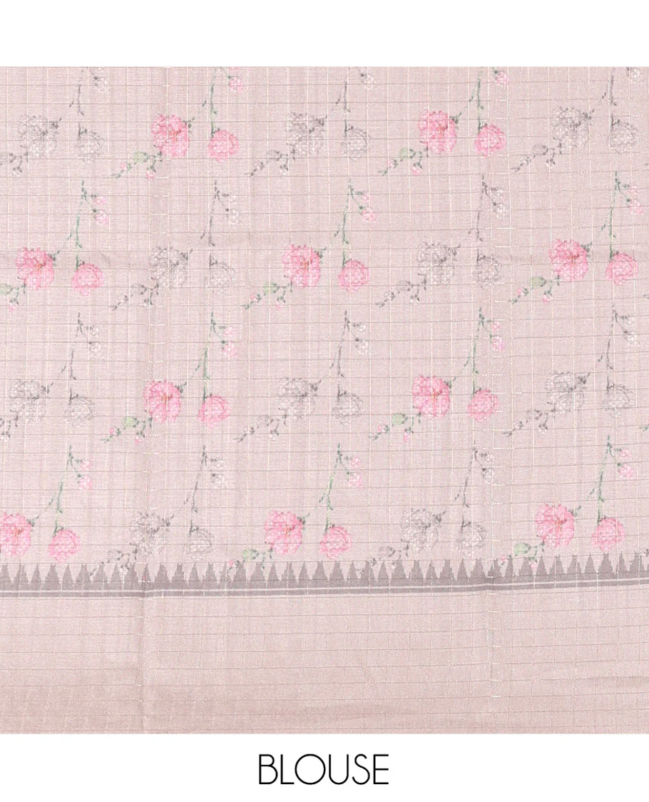 Off-White Fancy Tussar Silk Saree, Enthralled with Floral Cross Stitch Embroidery All Over Its Body, Complemented by a Contrast Temple Zari Checked Border, Pallu of Checked Designs, and Paired with a Contrast Blouse - Image 4