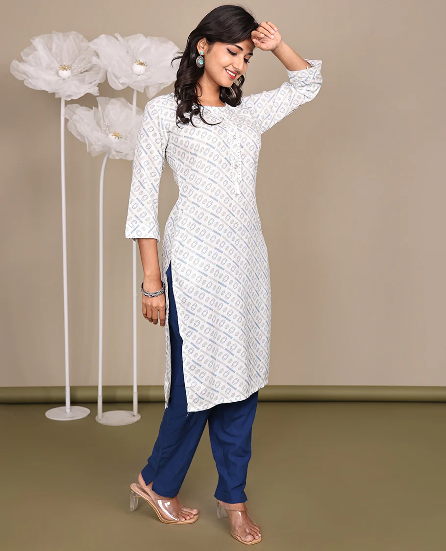 Off-White Geometric Printed Below-Knee-Length Cotton Kurti, Adorned with Round-Neckline, 3/4 Sleeves, Straight-Cut Length - Image 5
