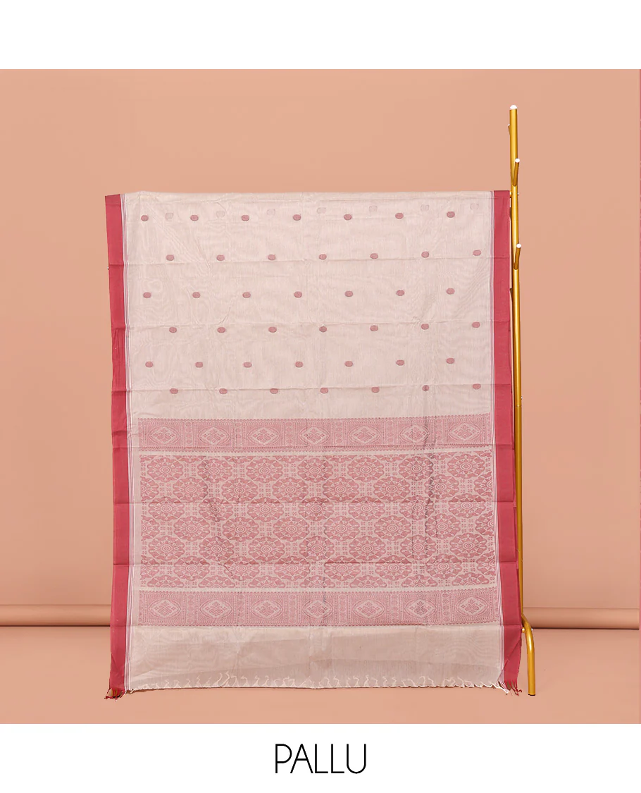 Off-White Kanchi Cotton Saree, Delicately Woven with Buttas All Over Its Body, Complemented by Contrast Border, Geometric Patterned Pallu and Paired with a Matching Blouse - Image 2