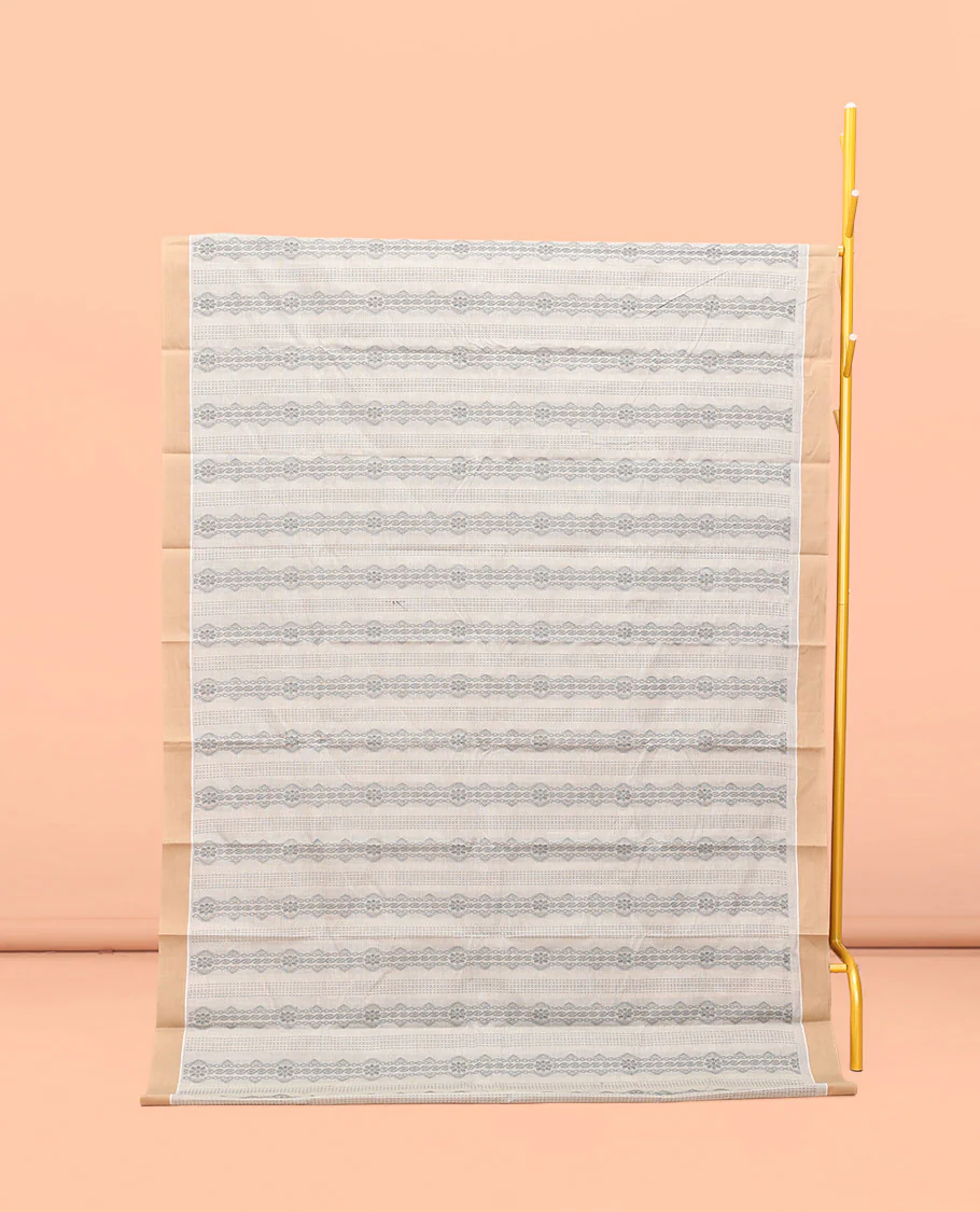 Off-white Kanchi Cotton Saree, Elevated with Geometric Patterns All Over Its Body, Complemented by Contrast Border, Intricately Designed Pallu, and Paired with a Matching Blouse