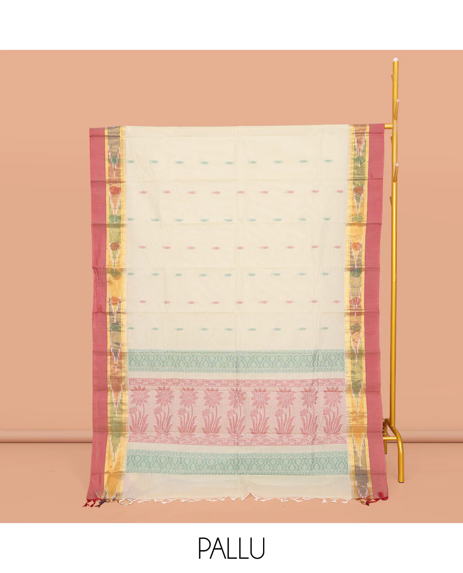 Off-White Kanchi Cotton Saree, Showcasing Buttas All Over Its Body, Complemented by a Contrast Ikkat Border, Pallu of Floral Designs, and Paired with a Matching Blouse - Image 2