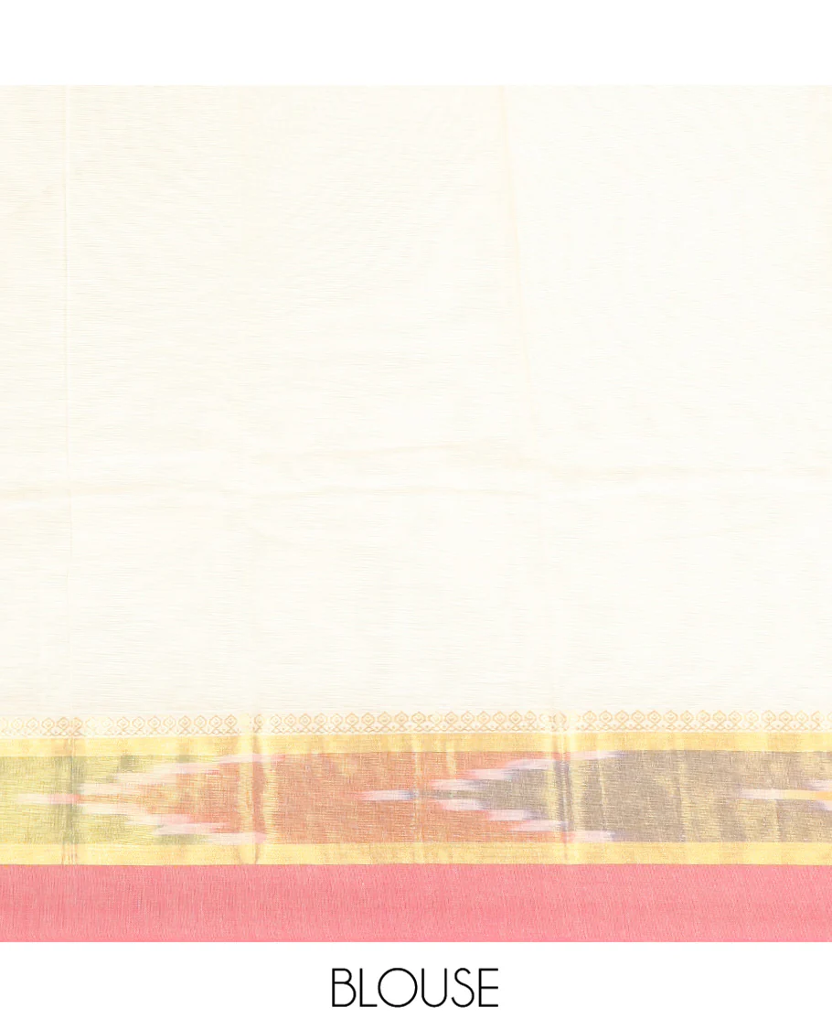 Off-White Kanchi Cotton Saree, Showcasing Buttas All Over Its Body, Complemented by a Contrast Ikkat Border, Pallu of Floral Designs, and Paired with a Matching Blouse - Image 3