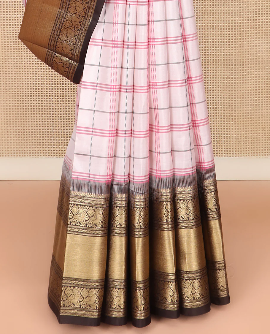Off-White Kanchipuram Silk Saree Decked Up with Checks on Its Body, Complemented by a Contrast Border of Muthu and Mayil Designs, Majestically Detailed Pallu of Jaal Designs, and Paired with a Contrast Blouse - Image 4