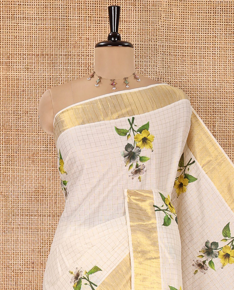 Off-White Kerala Cotton Saree, Adorned with Medium-Size Checked and Hibiscus Floral Motifs All Over Its Body, Highlighted by Zari Border, Self-Pallu, and Paired with a Matching Blouse - Image 2