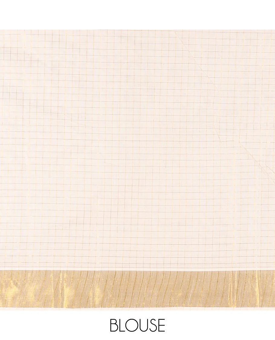 Off-White Kerala Cotton Saree, Adorned with Medium-Size Checked and Hibiscus Floral Motifs All Over Its Body, Highlighted by Zari Border, Self-Pallu, and Paired with a Matching Blouse - Image 3