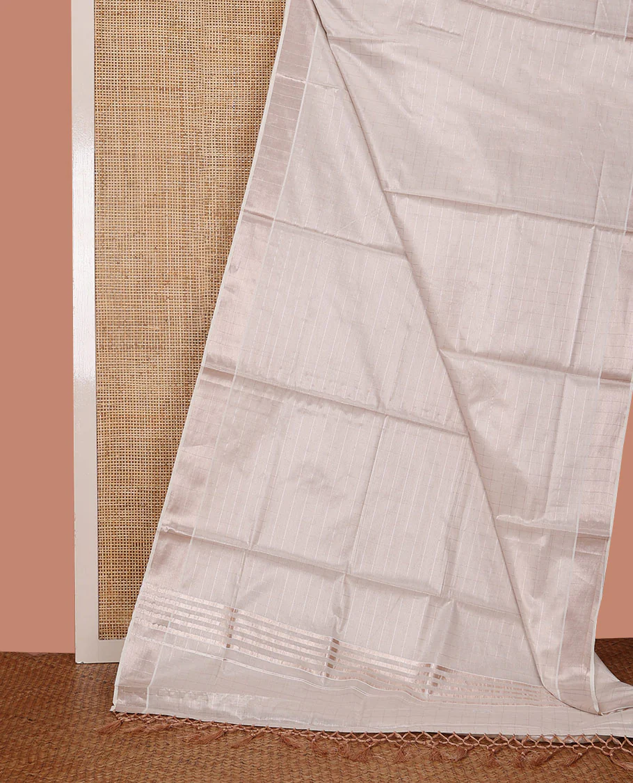 Off-White Kerala Saree, Sparsely Woven Zari Checks on Its Body, Subtly Sparkled Zari Bavanji Border, Pallu of Zari Checks, and Paired with a Matching Blouse
