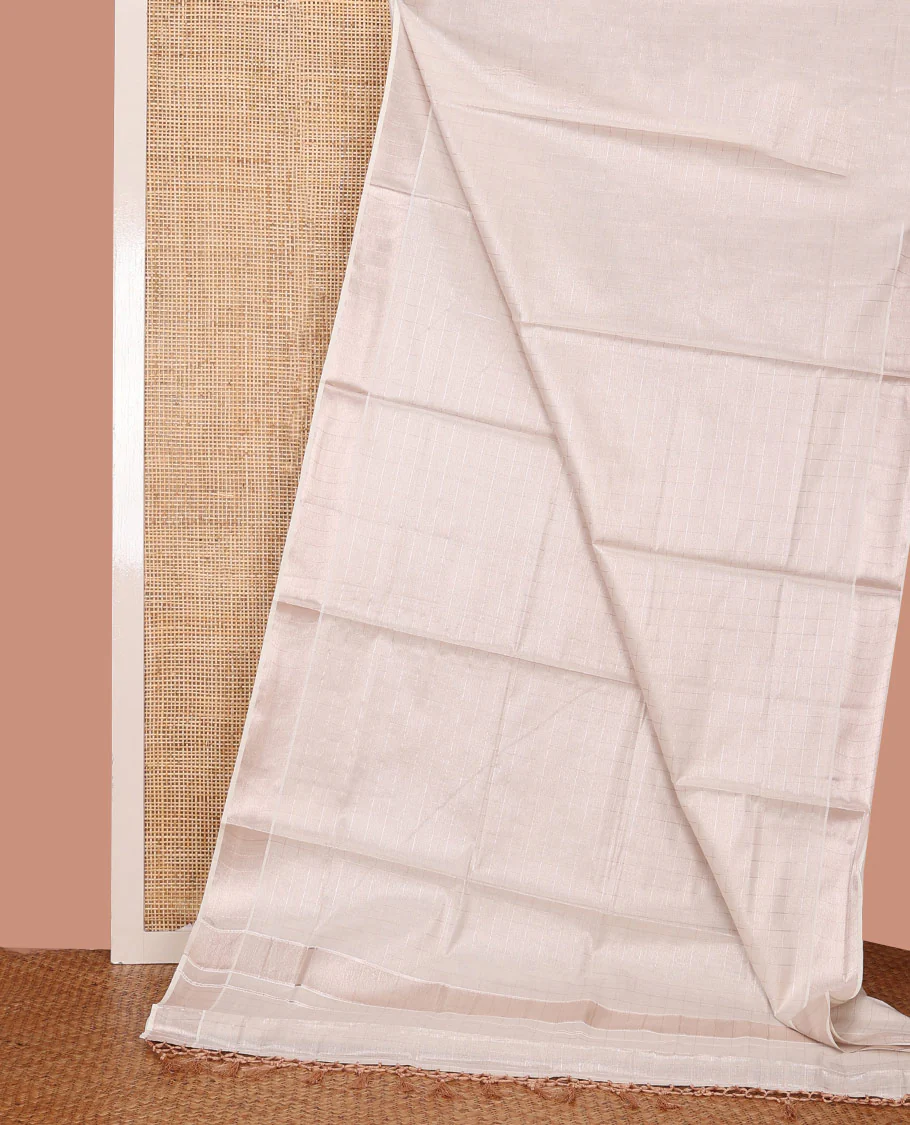 Off-White Kerala Saree, Sparsely Woven Zari Checks on Its Body, Subtly Sparkled Zari Bavanji Border, Pallu of Zari Checks, and Paired with a Matching Blouse