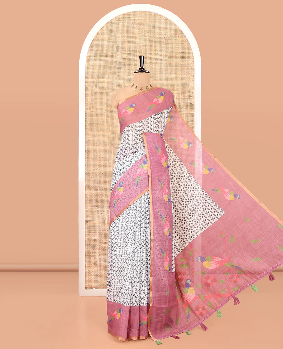 Off-White Onion Pink Linen Cotton Saree, Decorated with Geometric Print on Its Body, Complemented by a Contrast Border of Macaw Parrot Print, Pallu of Floral and Macaw Parrot Print, and Paired with a Contrast Blouse