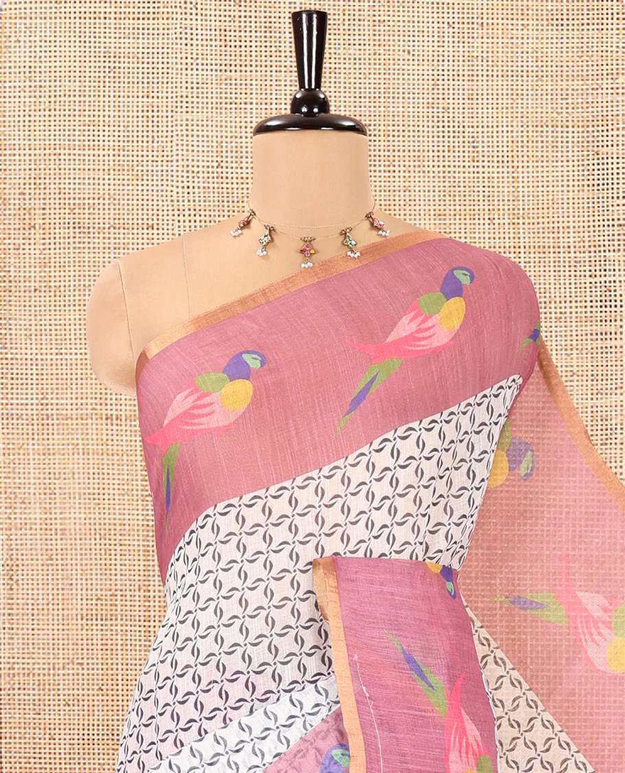 Off-White Onion Pink Linen Cotton Saree, Decorated with Geometric Print on Its Body, Complemented by a Contrast Border of Macaw Parrot Print, Pallu of Floral and Macaw Parrot Print, and Paired with a Contrast Blouse - Image 2