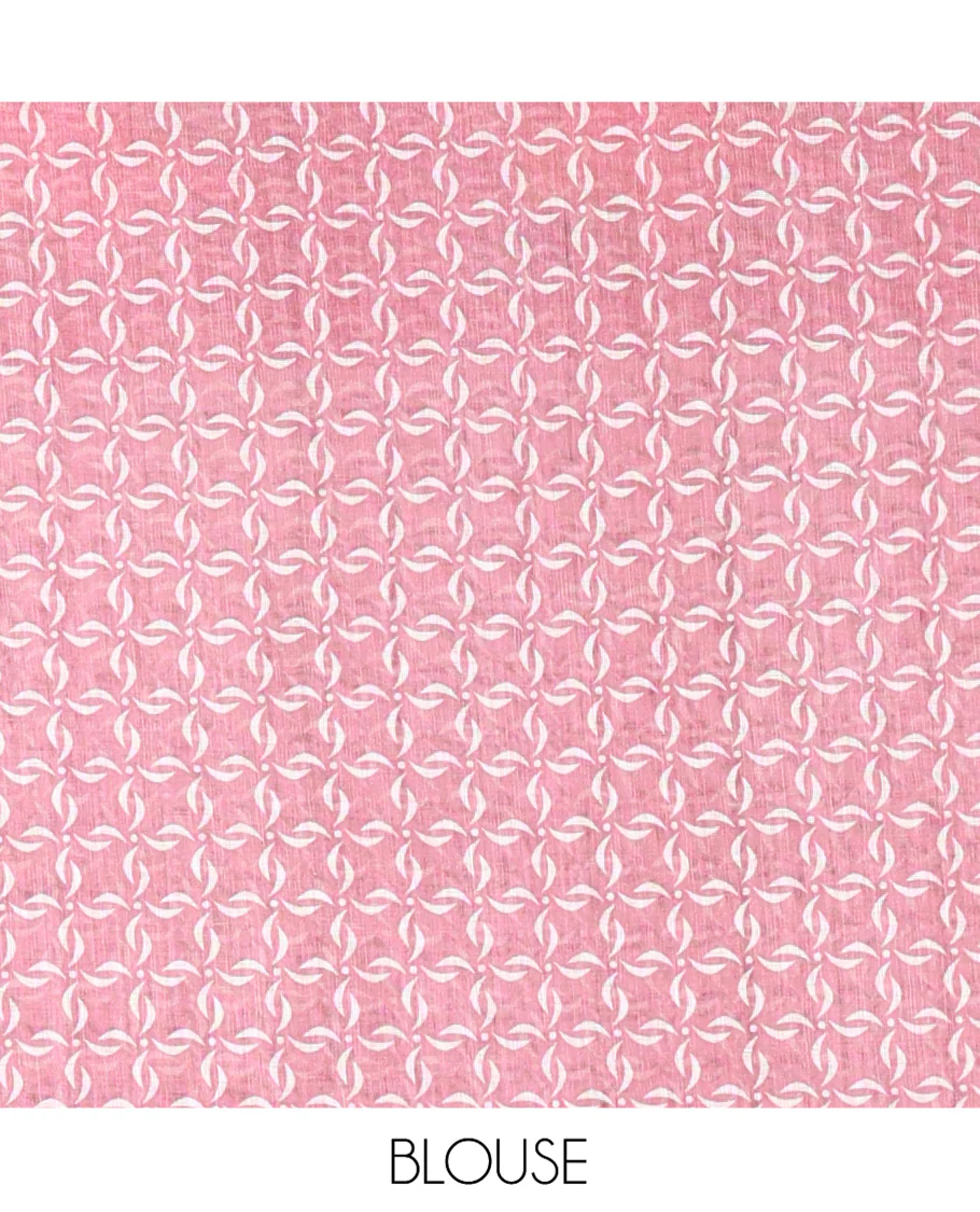 Off-White Onion Pink Linen Cotton Saree, Decorated with Geometric Print on Its Body, Complemented by a Contrast Border of Macaw Parrot Print, Pallu of Floral and Macaw Parrot Print, and Paired with a Contrast Blouse - Image 3