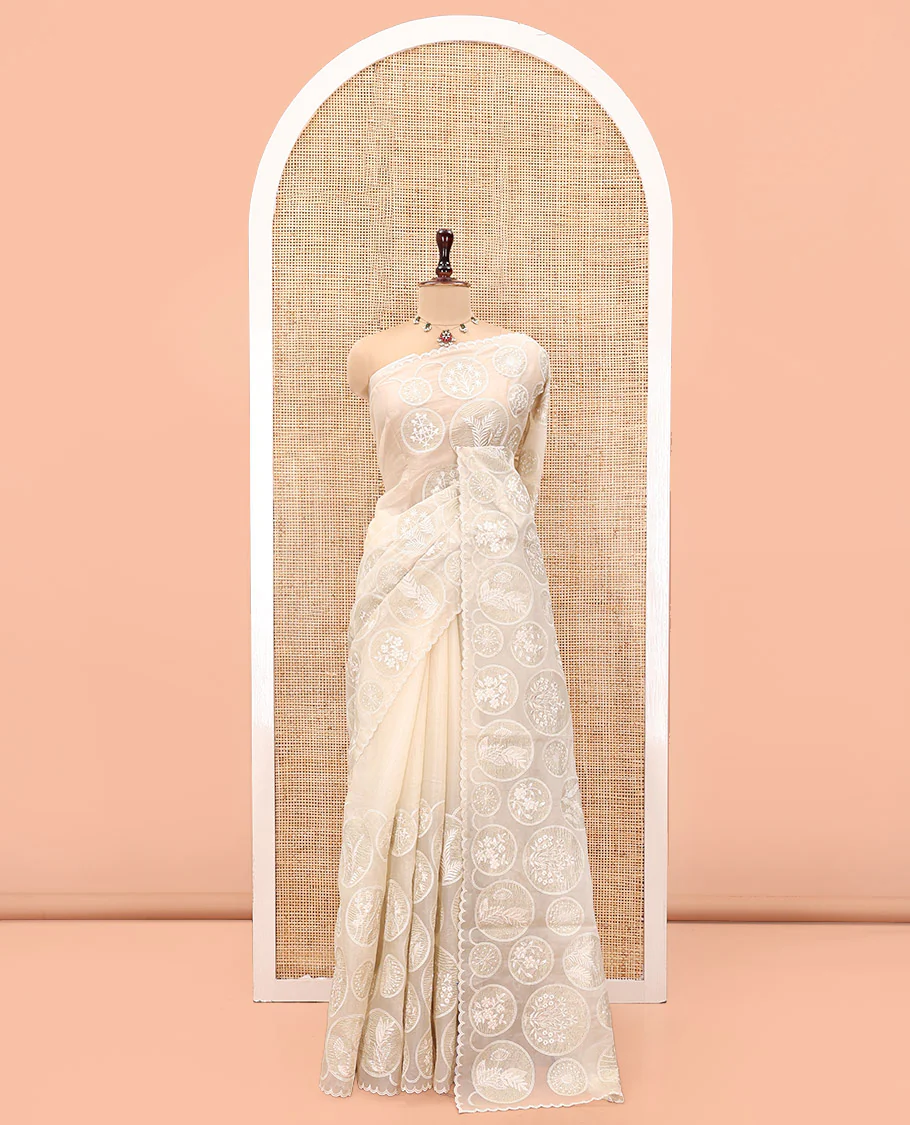 Off-White Organza Saree, Delicately decked Up with Floral Enclosed Circle Motifs Thread Embroidery, Subtle Scallop Border, Delicately Embroidered Pallu, and Paired with a Matching Embroidered Blouse - Image 8
