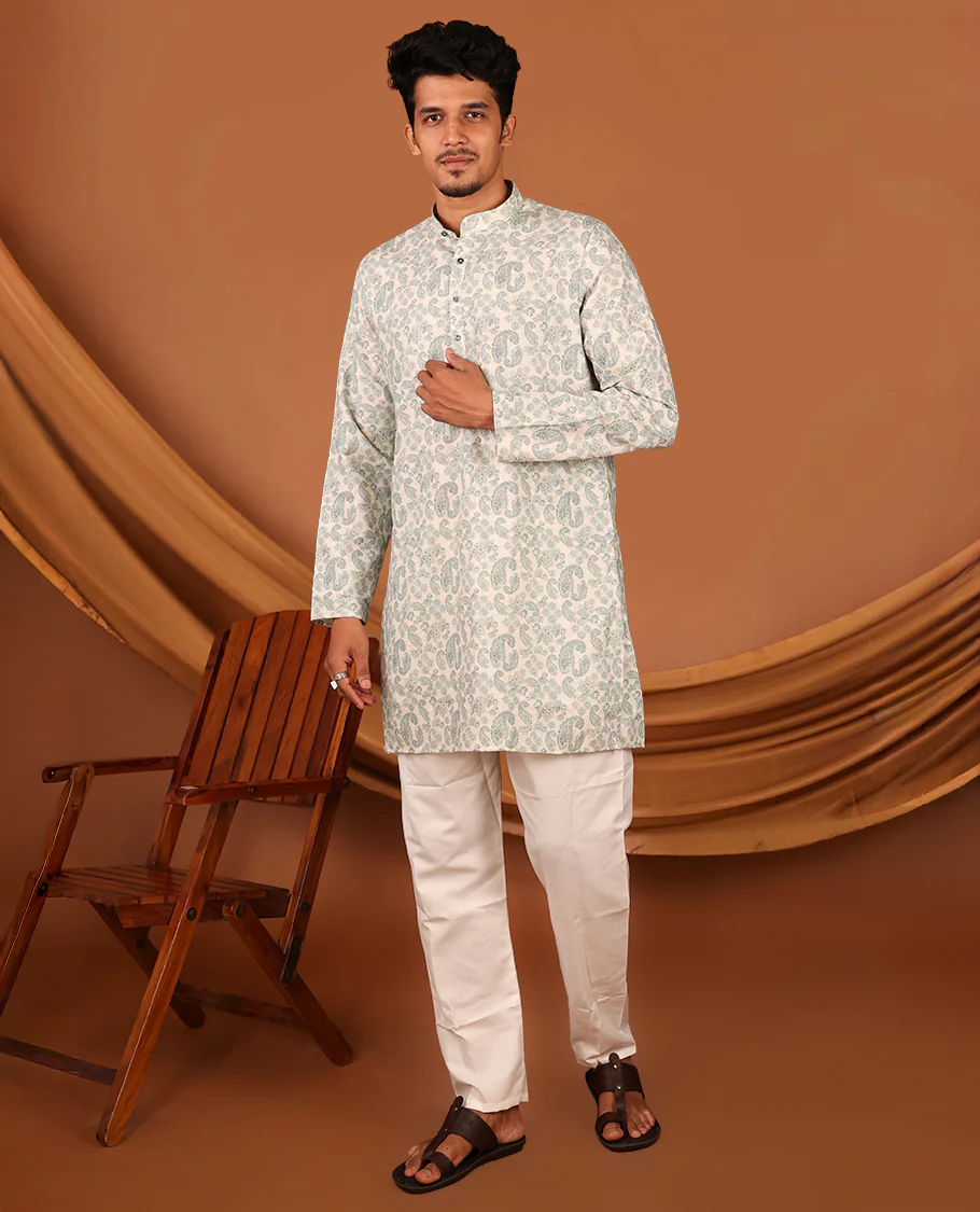 Off-white Paisley Design Full-Sleeved Men's Kurta