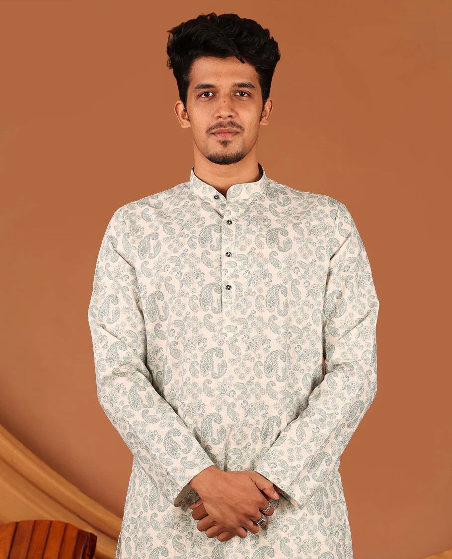 Off-white Paisley Design Full-Sleeved Men's Kurta - Image 3