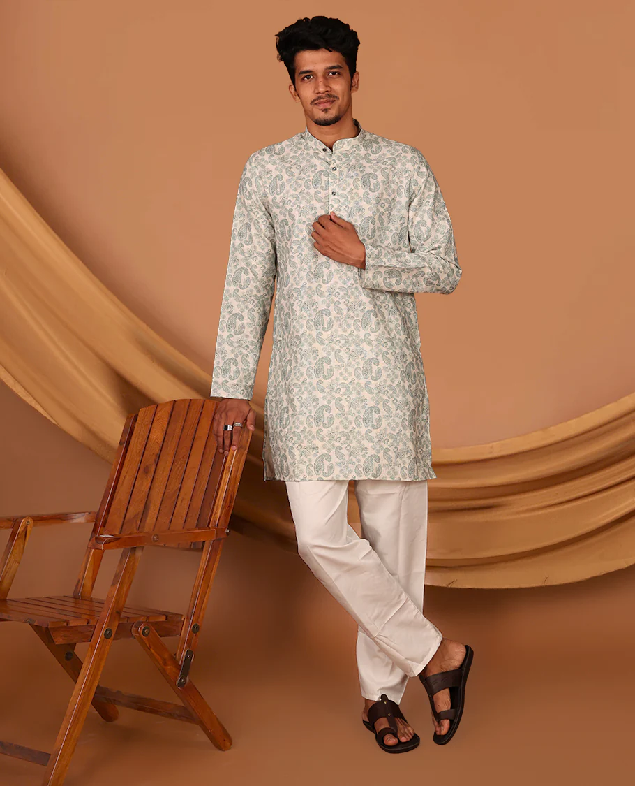 Off-white Paisley Design Full-Sleeved Men's Kurta - Image 5