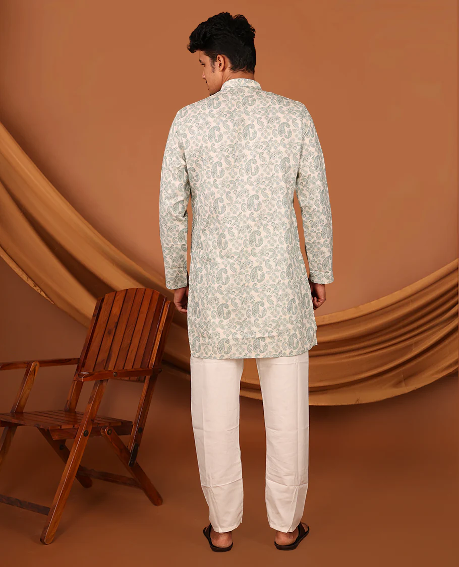 Off-white Paisley Design Full-Sleeved Men's Kurta - Image 6
