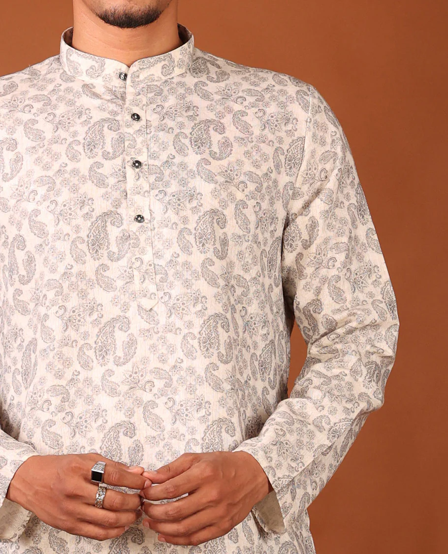 Off-White Paisley Motifs Printed Full-Sleeved Men's Kurta - Image 3