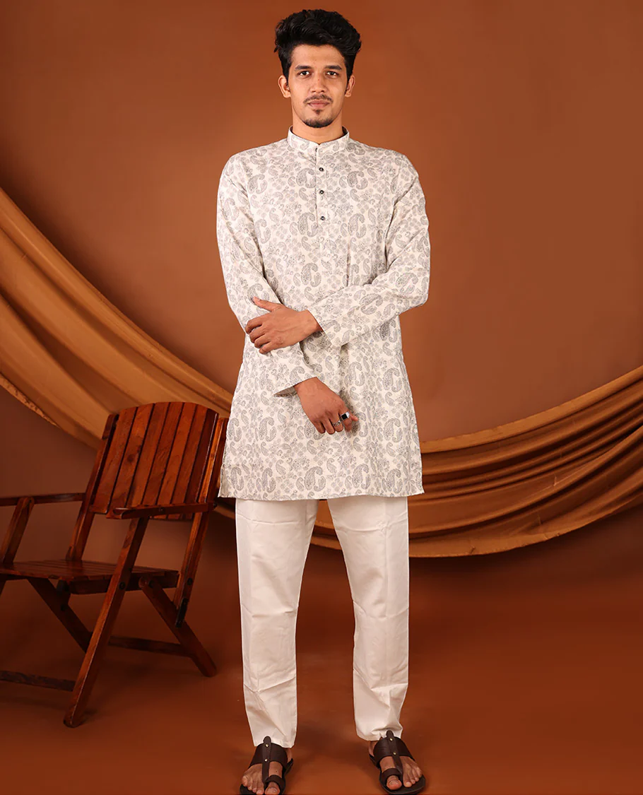 Off-White Paisley Motifs Printed Full-Sleeved Men's Kurta - Image 5