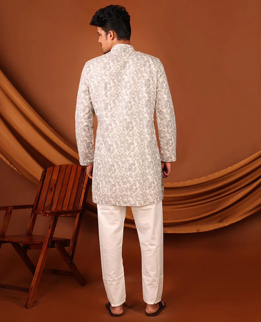 Off-White Paisley Motifs Printed Full-Sleeved Men's Kurta - Image 6