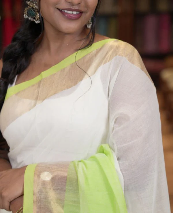 Off-White-Parrot Green Plain Half-And-Half-Style Khadi Mul Cotton Saree with a Zari Border, and No Blouse - Image 7