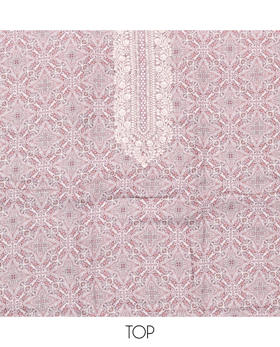 Off-White-Pink Material Chudidar Set, Adorned with Intricate Motifs Print, and Embroidery on Its Jute Cotton Top, a Plain Cotton Bottom, and Paired with Contrast Sequins Striped Chanderi Cotton Dupatta - Image 2