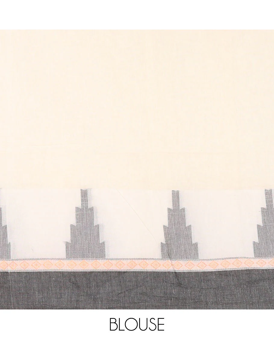 Off-white Plain Khadi Mul Cotton Saree, Complemented by a Contrast Temple Border, Textured Pallu of Temple Designs, and Paired with a Matching Blouse - Image 3