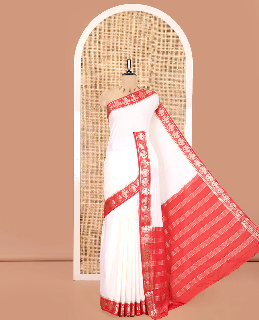 Off-white Plain Semi-Mysore Silk Saree, Complemented by a Contrast Border of Ganda Berunda Designs, Zari Striped Pallu, and Paired with a Contrast Blouse