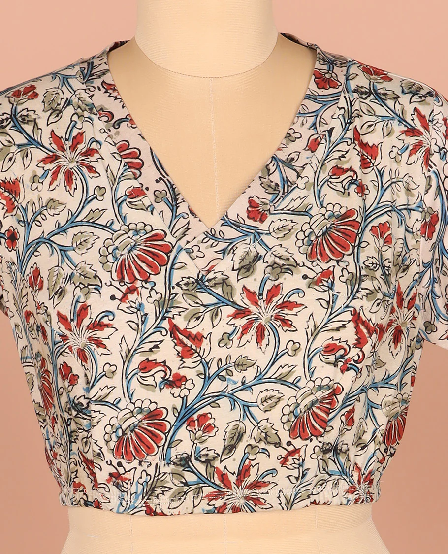 Off-White Readymade Blouse Richly Printed with Floral Motifs, Featuring a Front V-Neck, a Back Closed Neck, and Full Sleeves - Image 3