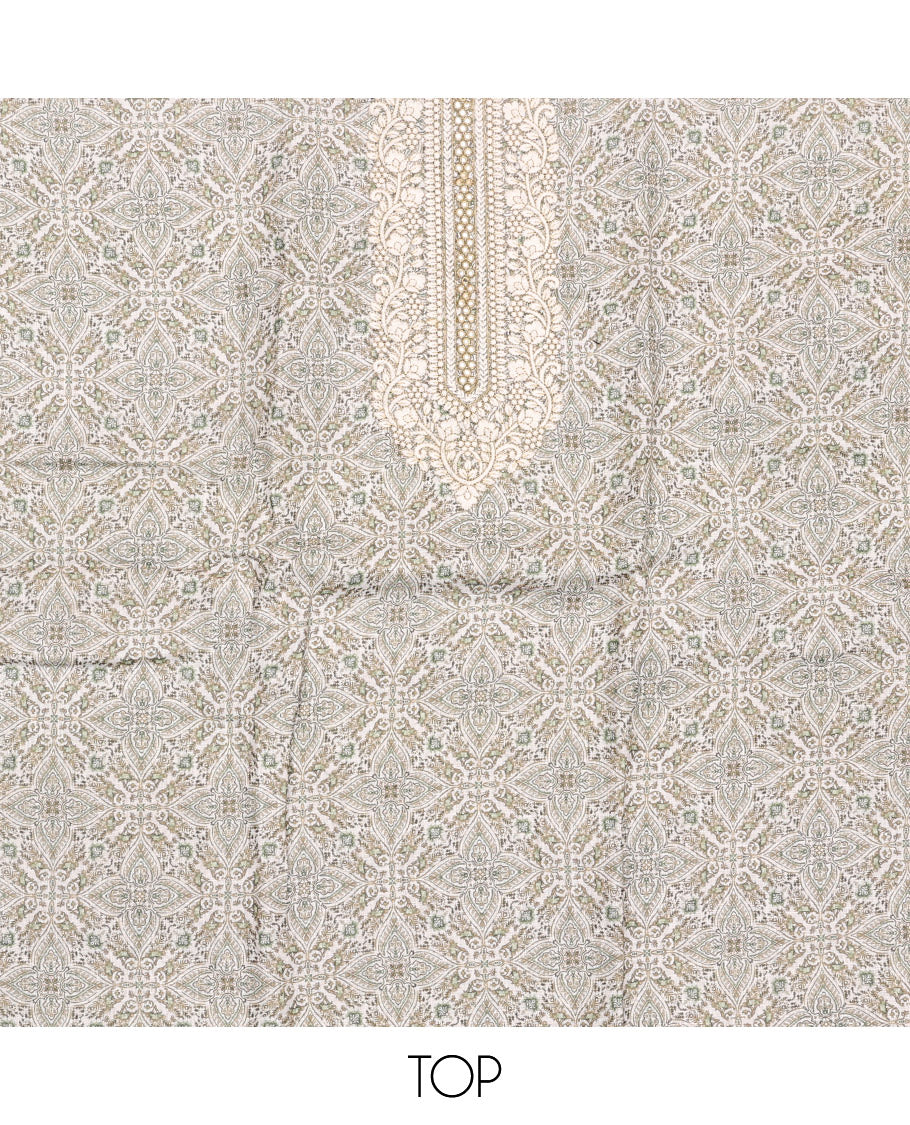 Off-White-Sandal Material Chudidar Set, Adorned with Intricate Motifs Print, and Embroidery on Its Jute Cotton Top, a Plain Cotton Bottom, and Paired with Contrast Sequins Striped Chanderi Cotton Dupatta - Image 2