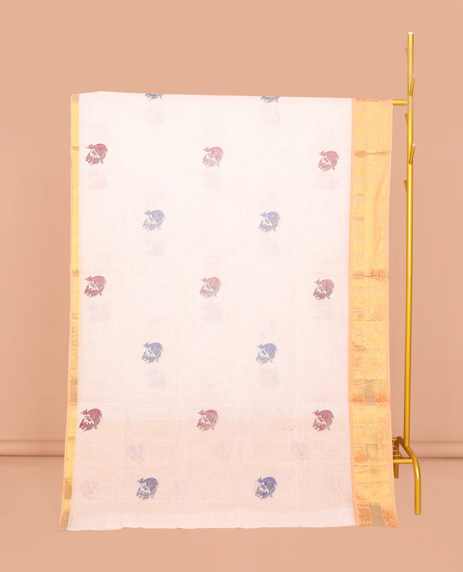 Off-White Venkatagiri Cotton Saree, Crafted with Peacock Buttas and Checks, a Contrast Traditional Zari Border, Pallu of Peacock Buttas and Stripes, and No Blouse