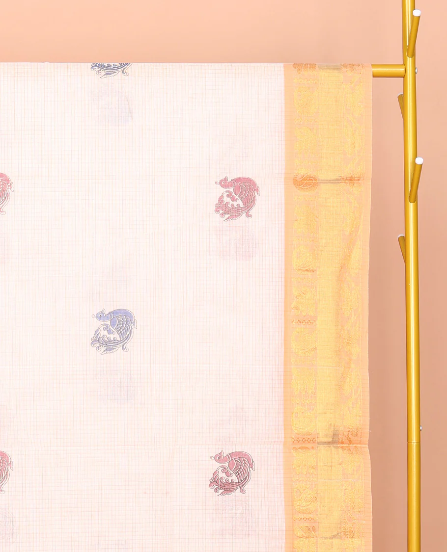 Off-White Venkatagiri Cotton Saree, Crafted with Peacock Buttas and Checks, a Contrast Traditional Zari Border, Pallu of Peacock Buttas and Stripes, and No Blouse - Image 2