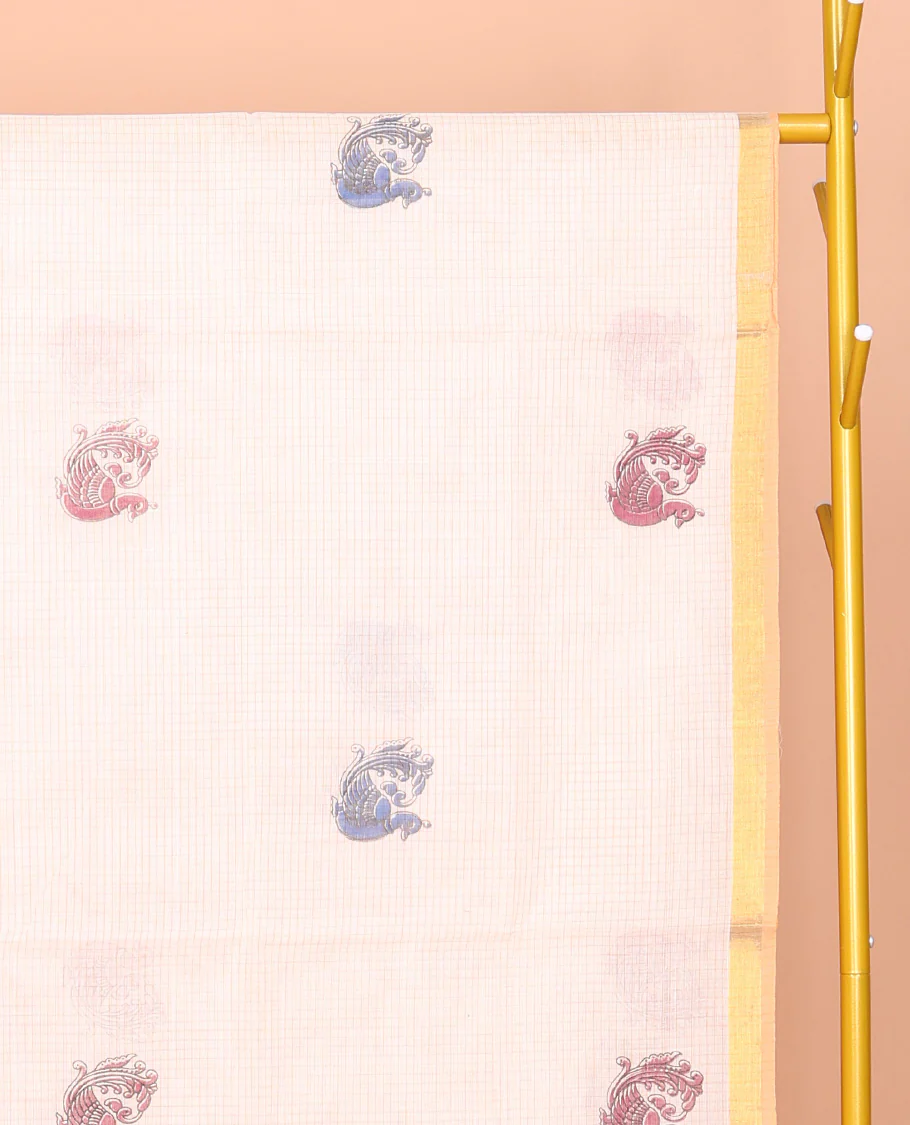 Off-White Venkatagiri Cotton Saree, Crafted with Peacock Buttas and Checks, a Contrast Traditional Zari Border, Pallu of Peacock Buttas and Stripes, and No Blouse - Image 3