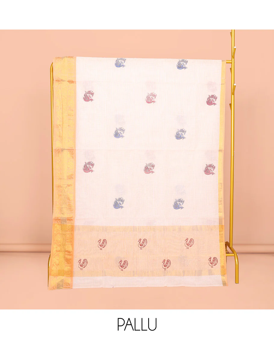 Off-White Venkatagiri Cotton Saree, Crafted with Peacock Buttas and Checks, a Contrast Traditional Zari Border, Pallu of Peacock Buttas and Stripes, and No Blouse - Image 4