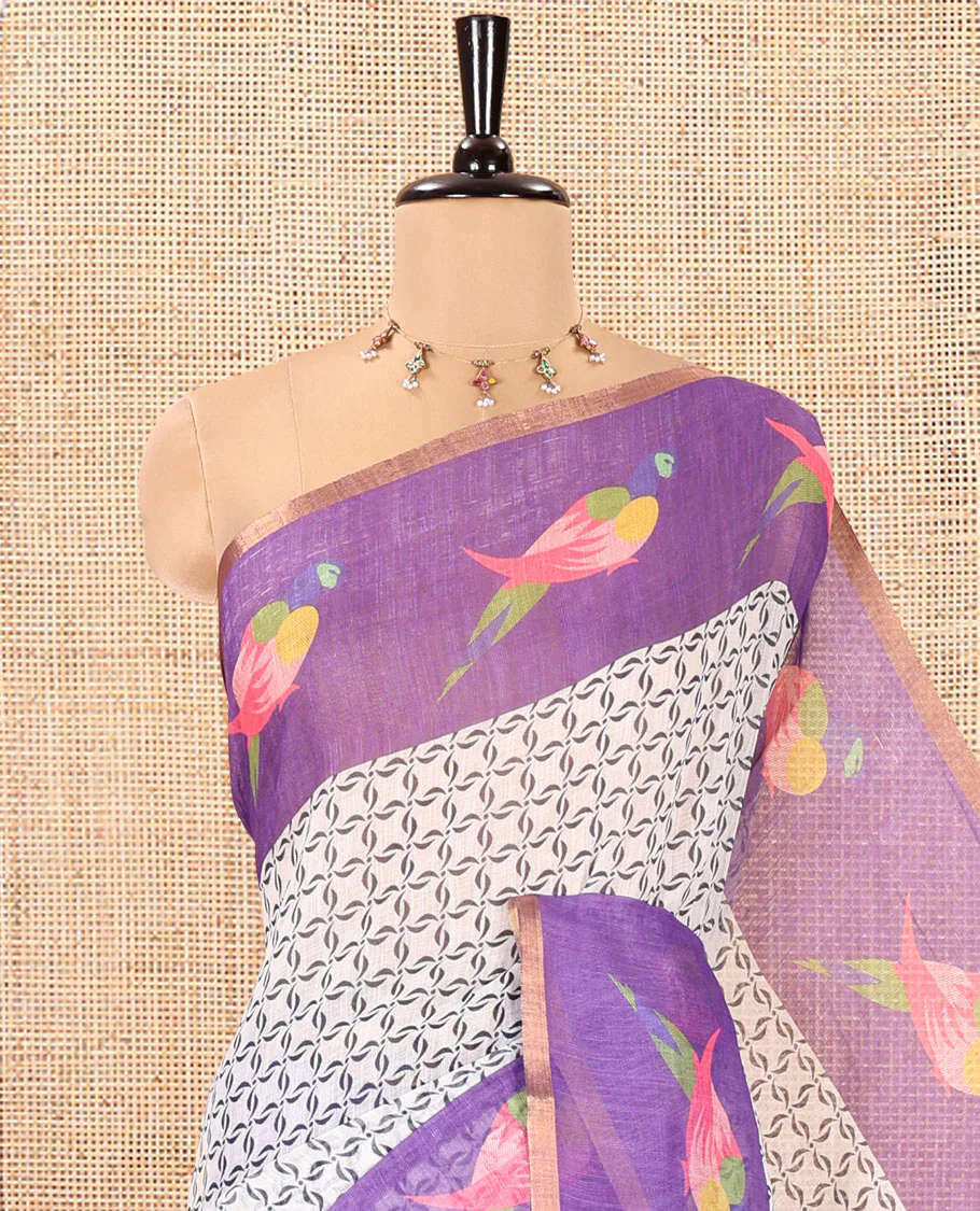 Off-White Violet Linen Cotton Saree, Decked Up with Geometric Print on Its Body, Complemented by a Contrast Border of Macaw Parrot Print, Pallu of Floral and Macaw Parrot Print, and Paired with a Contrast Blouse - Image 2