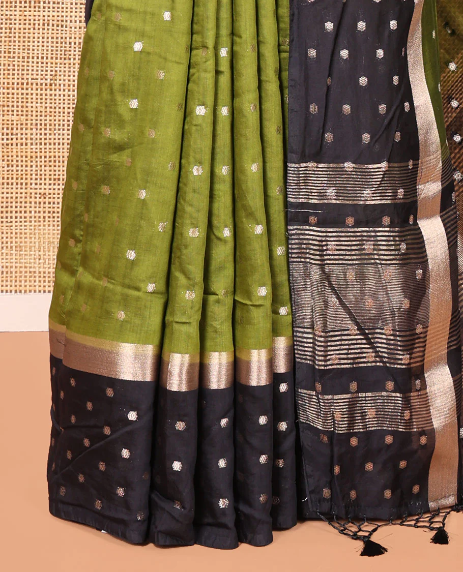 Olive Green Assam Silk Saree, Charmingly Accented with Zari Buttas on Its Body, Complemented by Contrast Border Steeped with Zari Buttas, Pallu Steeped with Gleaming Zari Stripes and Buttas, and Paired with a Contrast Blouse - Image 3