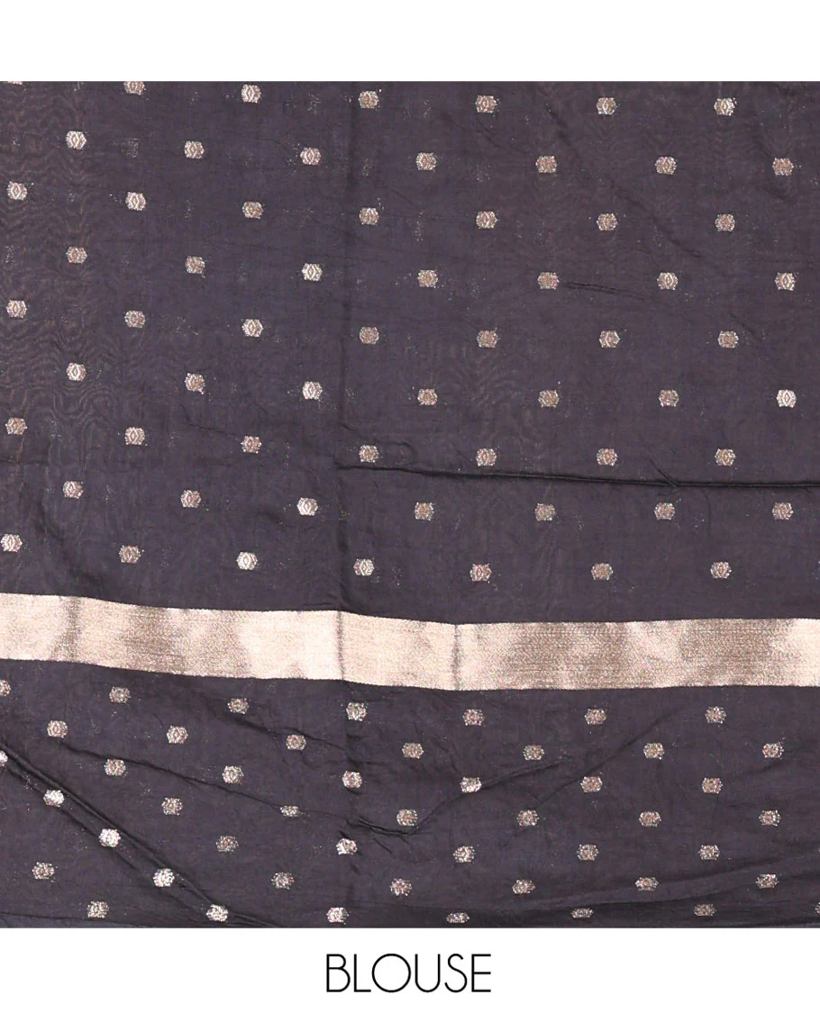 Olive Green Assam Silk Saree, Charmingly Accented with Zari Buttas on Its Body, Complemented by Contrast Border Steeped with Zari Buttas, Pallu Steeped with Gleaming Zari Stripes and Buttas, and Paired with a Contrast Blouse - Image 4
