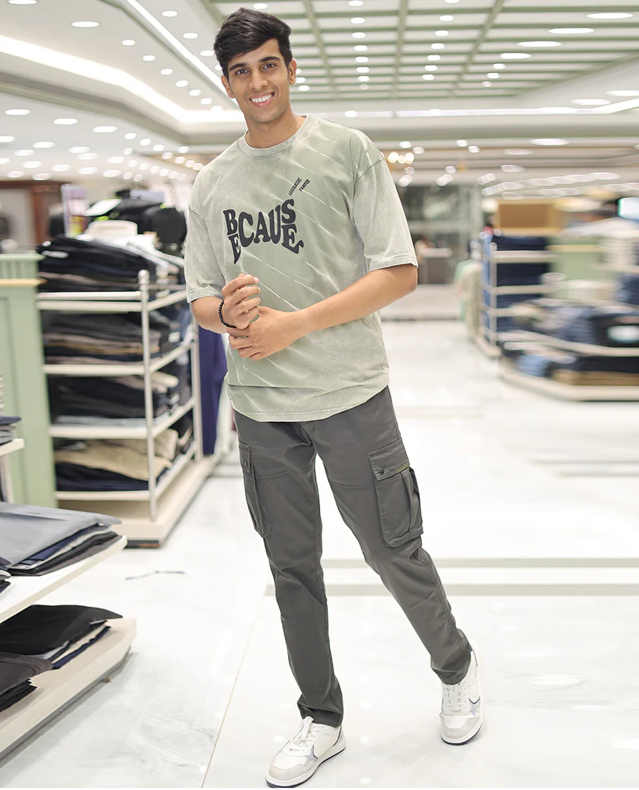 Olive Green Cotton-Blended T-Shirt, Detailed with Typography Print, Comes with a Crew Neck, Half-Sleeves, Oversized Fit, and Long Length - Image 5