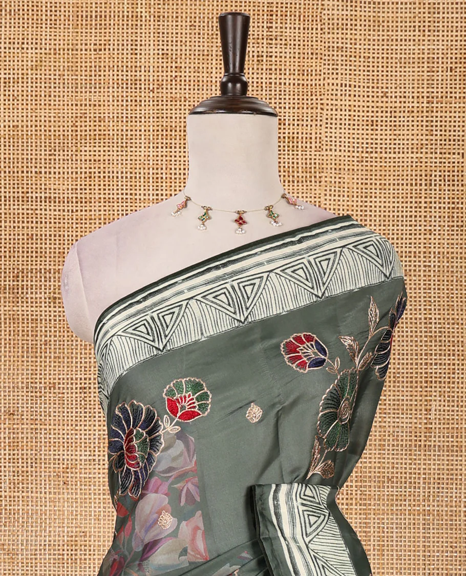 Olive green floral print & multi-color floral thread embroidered fancy tussar silk saree, triangle motif print & embroidered border & matching blouse of print & embroidery - Image 3