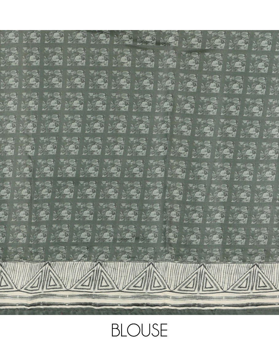 Olive green floral print & multi-color floral thread embroidered fancy tussar silk saree, triangle motif print & embroidered border & matching blouse of print & embroidery - Image 4